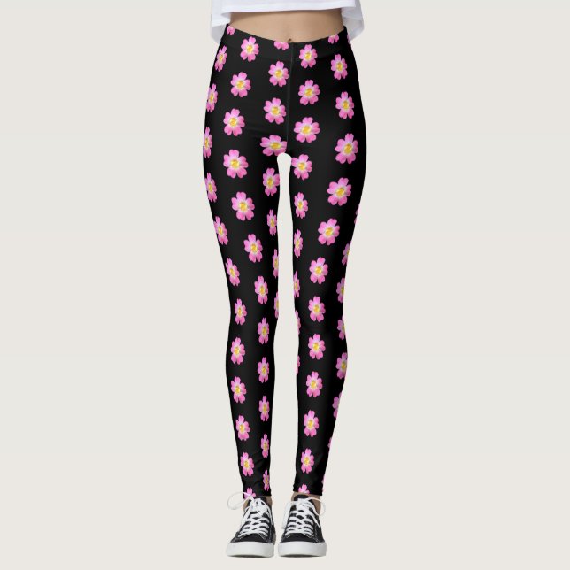 Cute pink flower pattern on black leggings (Front)