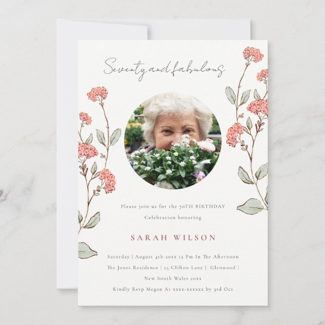 Cute Pink Flower Wreath Photo 70th Birthday Invite (Front)