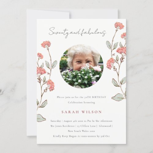 Cute Pink Flower Wreath Photo 70th Birthday Invite