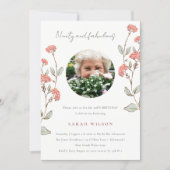 Cute Pink Flower Wreath Photo 90th Birthday Invite (Front)
