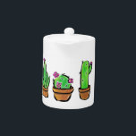 Cute pink flowering Cactus cacti succulents  Teapot<br><div class="desc">Three cute cacti with pink flowers in little terra cotta pots- a fun south western design!
Add text or modify exciting text.</div>