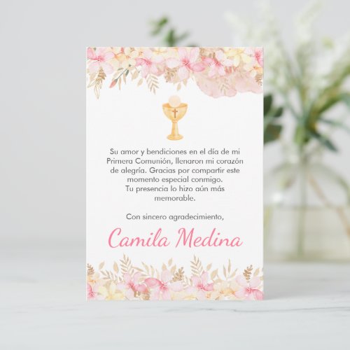 Cute Pink flowers and chalice First Communion  Thank You Card