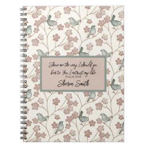 Cute Pink Flowers and Green Illustrated Birds Notebook