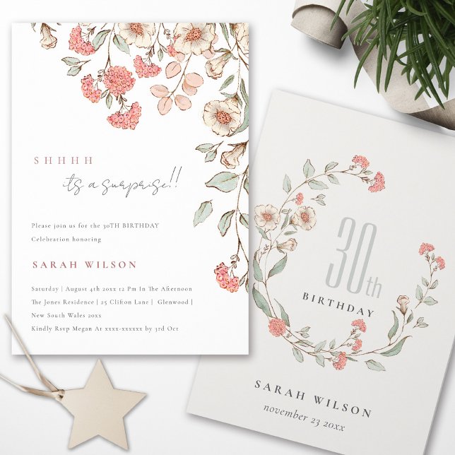 Cute Pink Flowers Any Age Surprise Birthday Invite (Creator Uploaded)