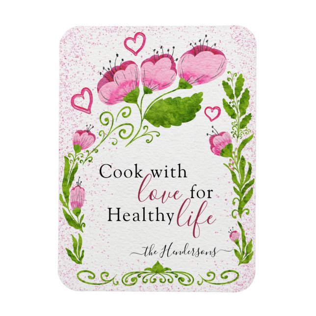 Cute Pink Flowers Family Name Motivational Fridge Magnet (Vertical)