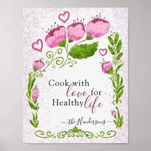 Cute Pink Flowers Family Name Motivational Kitchen Poster