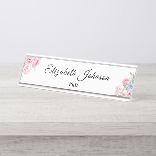 cute pink flowersfloral Dr PhD graduate any title Desk Name Plate