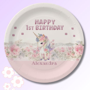Cute Pink Flowers Girl Unicorn 1st Birthday Paper Plates