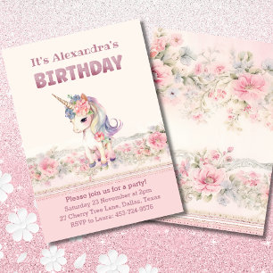 Cute Pink Flowers Girl Unicorn Birthday Invitation