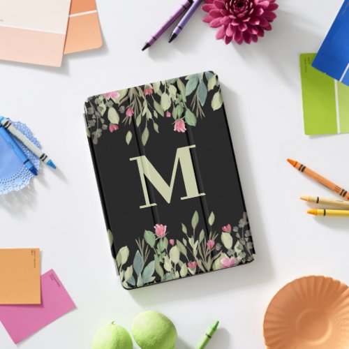 Cute Pink Flowers Green Leaves Black Monogram iPad Pro Cover