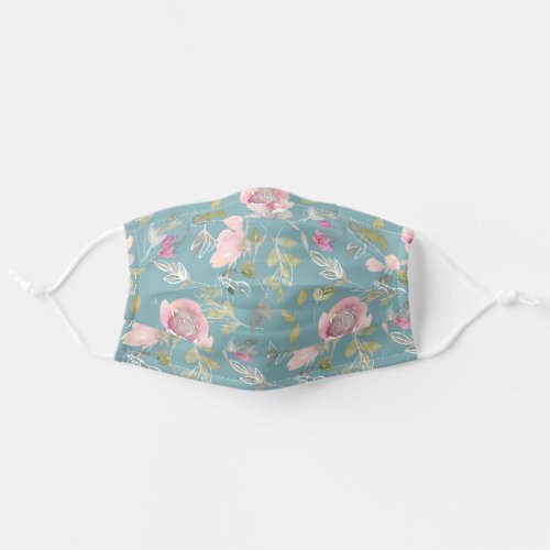 Cute Pink Flowers Green Leaves Blue Springtime Adult Cloth Face Mask