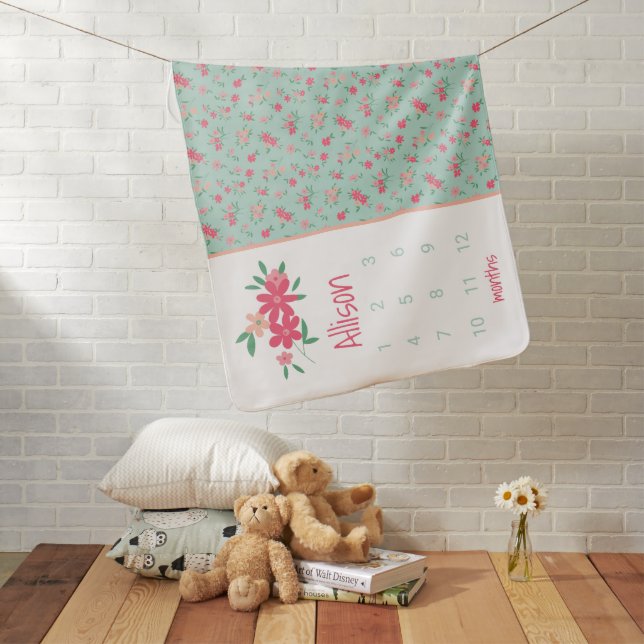 Cute Pink Flowers Growth Tracker Milestone Name Baby Blanket (In Situ)