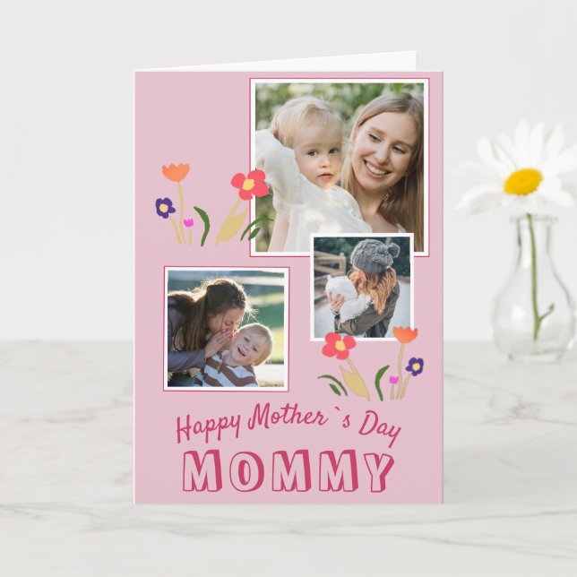 Cute Pink Flowers Happy Mother`s Day 3 Photo Card (Small Plant)