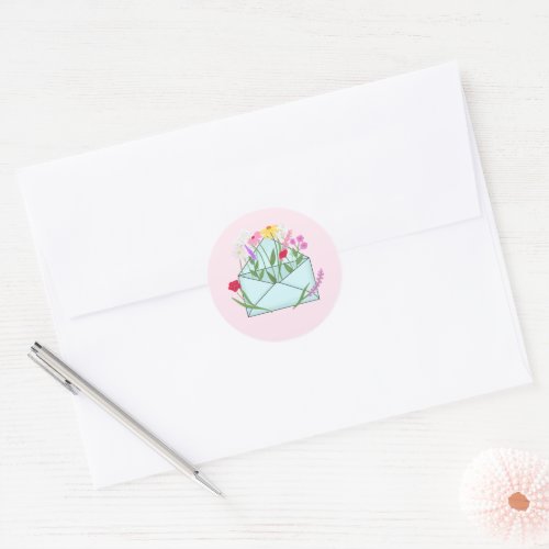 Cute Pink Flowers in Envelope Springtime Floral  Classic Round Sticker