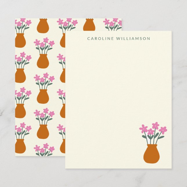 Cute Pink Flowers in Vase Personalized Name Note Card (Front/Back)