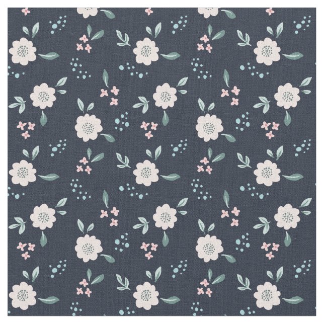 Cute pink flowers on navy background design fabric (Close Up)