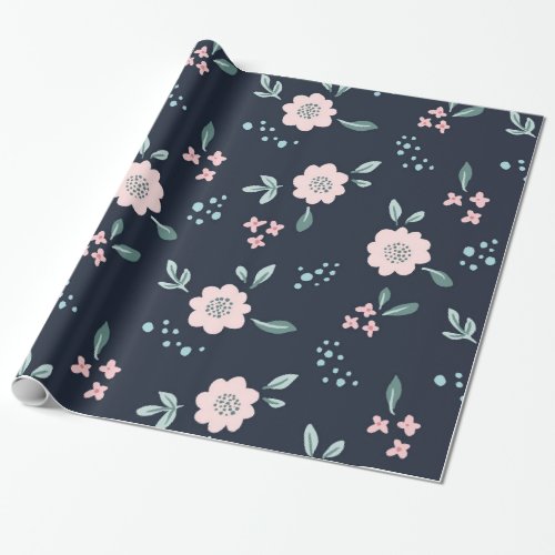 Cute pink flowers on navy background design wrapping paper