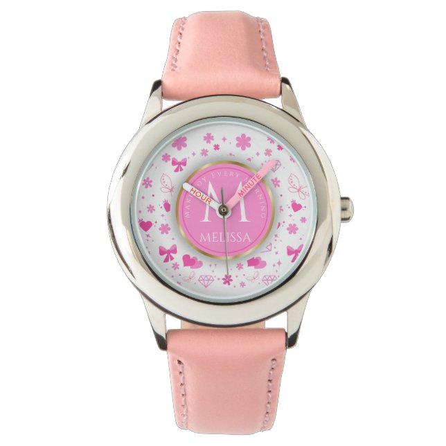 Cute Pink Flowers Pattern, Girly Floral design Watch (Front)