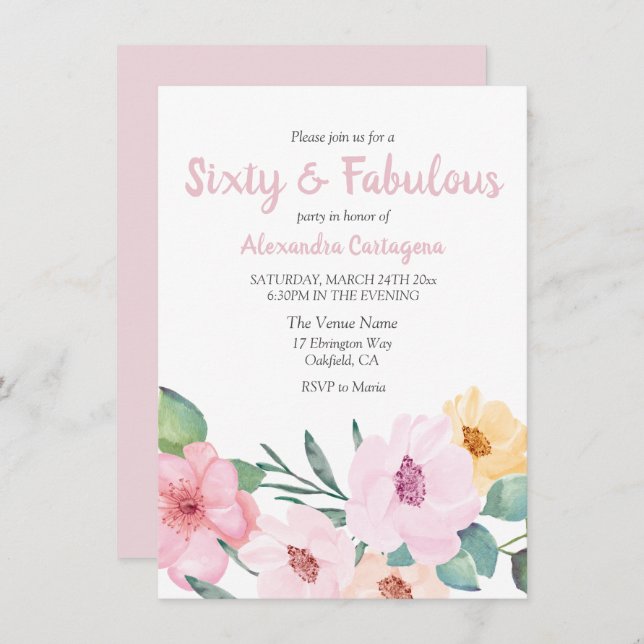 Cute Pink Flowers Sixty & Fabulous 60th Birthday Invitation (Front/Back)