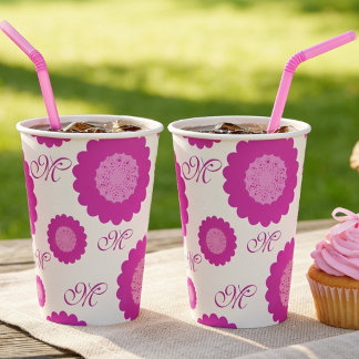 Cute Pink Flowers With Script Text Paper Cup
