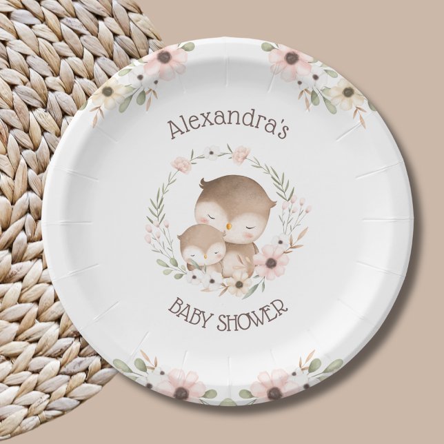 Cute Pink Flowers Woodland Owl Baby Girl Shower Paper Plates (Creator Uploaded)
