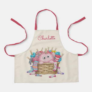 Cute Pink Fluffy Sock Monster Kids Design Apron