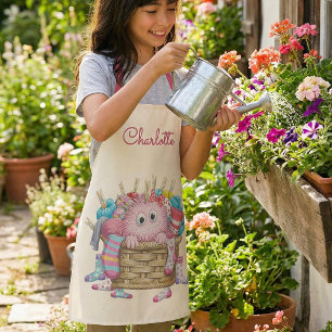 Cute Pink Fluffy Sock Monster Kids Design Apron