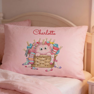 Cute Pink Fluffy Sock Monster Kids Design Pillow Case