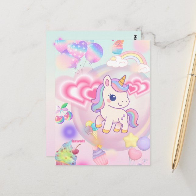 Cute pink fluffy unicorn♡ postcard (Front/Back In Situ)