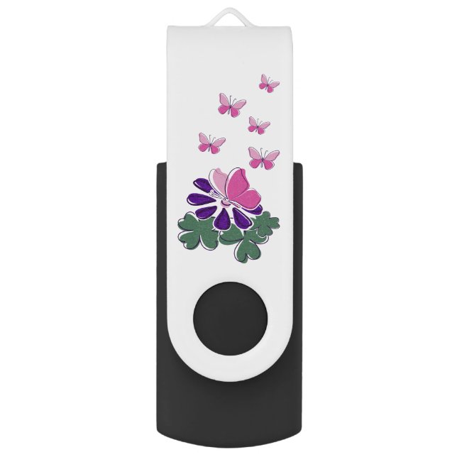 Cute Pink Flutter of Butterflies & Purple Flower Flash Drive (Front Vertical)