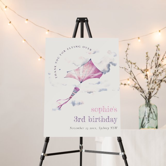 Cute Pink Flying Kite Sky Clouds Birthday Welcome Foam Board (In Situ (Stand))