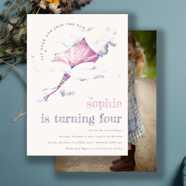 Cute Pink Flying Kite Sky Clouds Photo Birthday Invitation (Creator Uploaded)