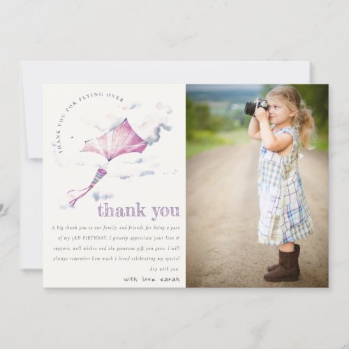 Cute Pink Flying Kite Sky Clouds Photo Birthday Thank You Card