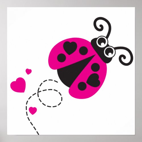 Cute pink flying ladybug kids nursery poster