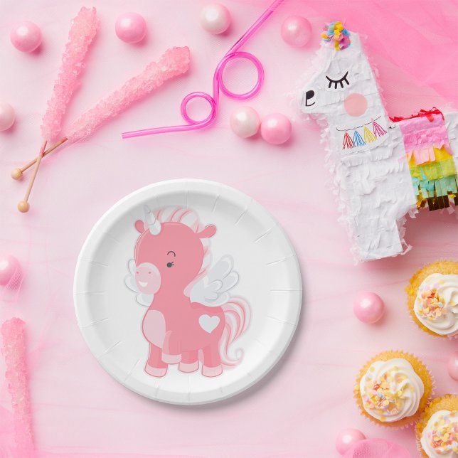 Cute Pink Flying Unicorn Pegacorn Paper Plates (Creator Uploaded)