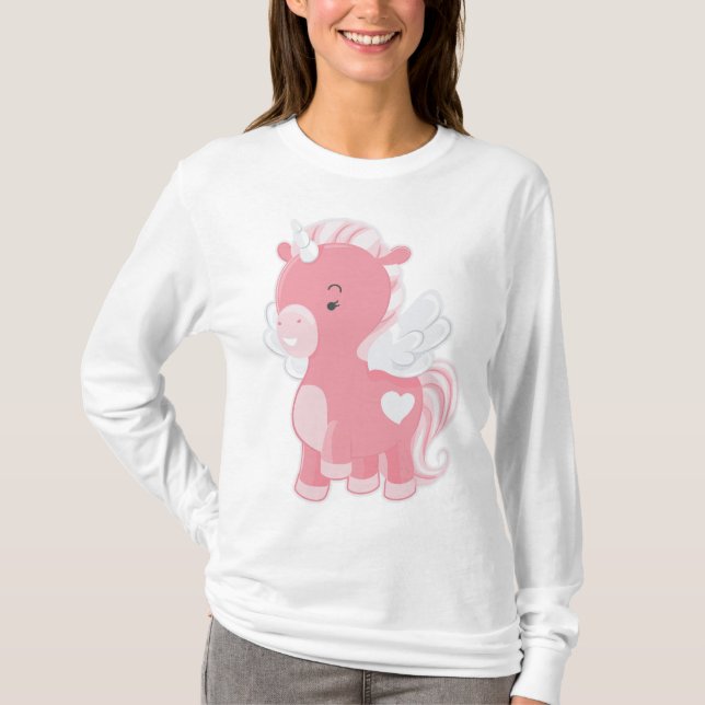 Cute Pink Flying Unicorn Pegacorn T-Shirt (Front)