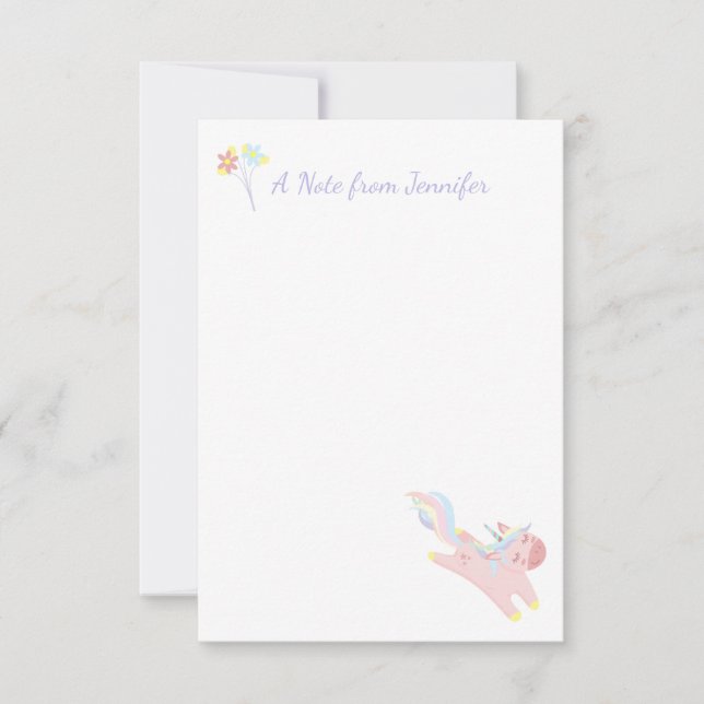 Cute Pink Flying Unicorn Personalized Floral Note Card (Front)