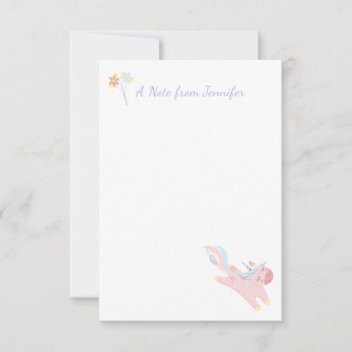 Cute Pink Flying Unicorn Personalized Floral Note Card