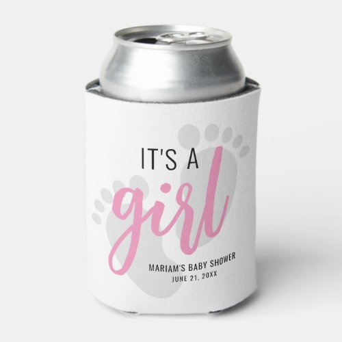 Cute Pink Footprints Its a Girl Baby Shower Can Cooler