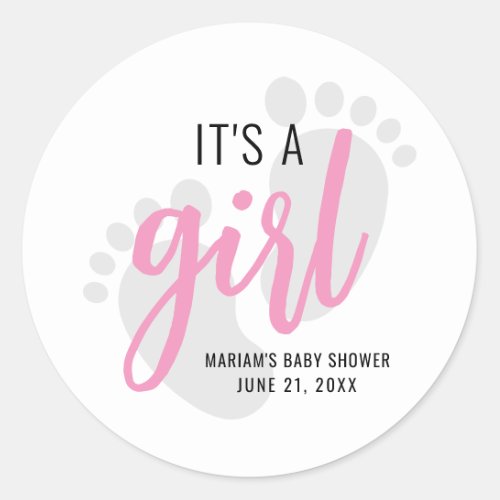 Cute Pink Footprints Its a Girl Baby Shower Classic Round Sticker