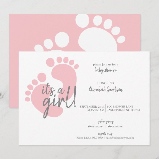 Cute Pink Footprints It's a Girl Baby Shower Invitation (Front/Back)