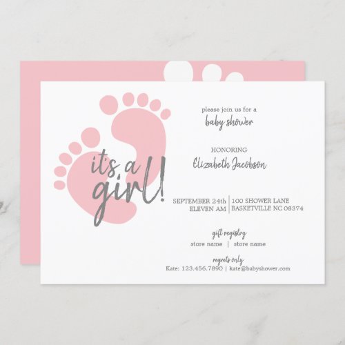 Cute Pink Footprints Its a Girl Baby Shower Invitation