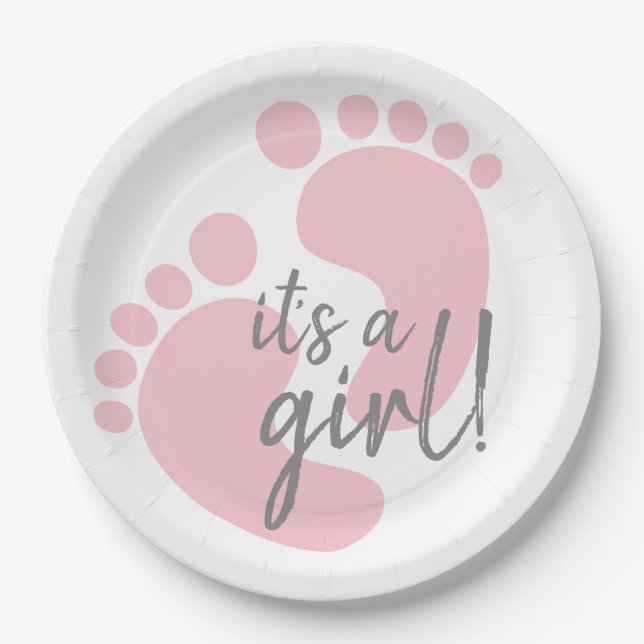 Cute Pink Footprints It's A Girl Baby Shower Paper Plates (Front)