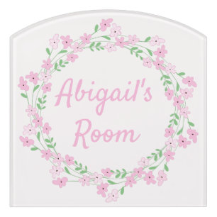 Cute Pink Foral Wreath - Personalized Kids Door Sign