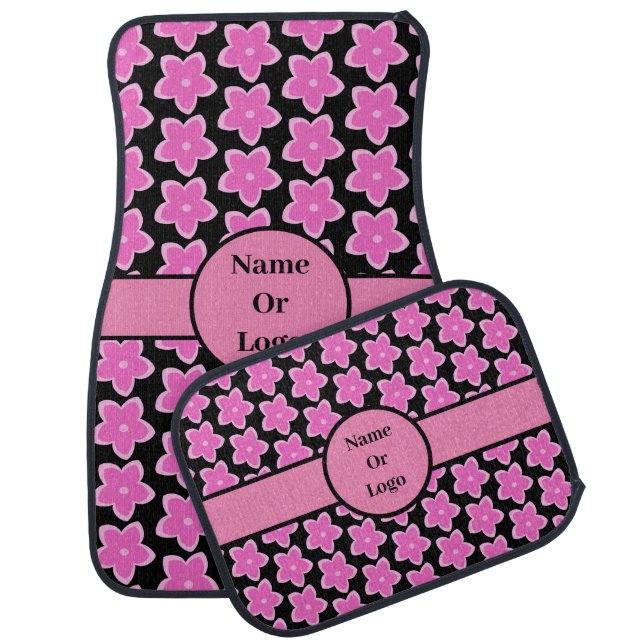 Cute Pink Frangipani Flowers & Black Personalized Car Floor Mat (Set)