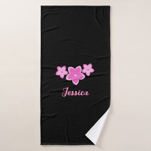 Cute Pink Frangipani Flowers Personalized Black Bath Towel Set