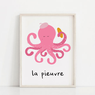 Cute Pink French Octopus Nursery Poster
