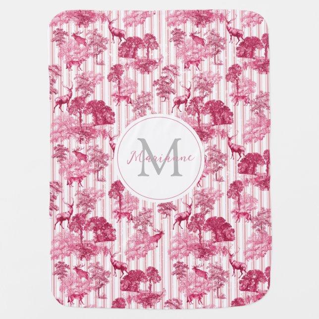 Cute Pink French Toile Deer Stripes Name Monogram Baby Blanket (Front)