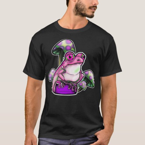Cute pink frog on a bottle cap with mushrooms T_Shirt