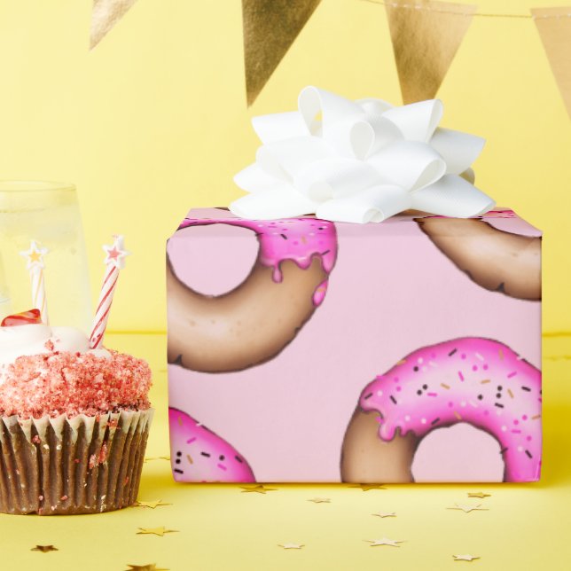 Cute Pink Frosted Donuts with Sprinkles Pattern   Wrapping Paper (Birthday Party)